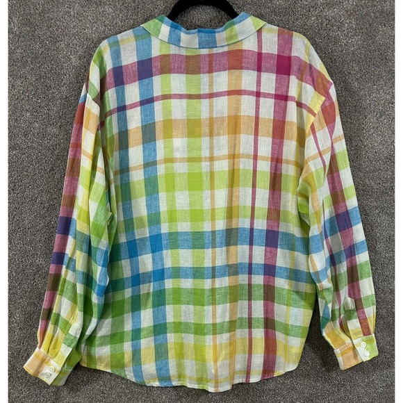 Talbots Top Womens XL Multi Plaid Linen Blend Button-Up Long Sleeve Blouse - Picture 2 of 8